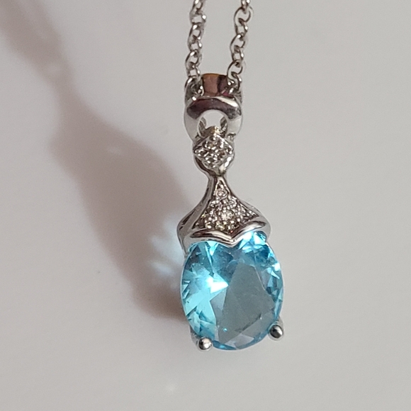 925 sterling necklace blue topaz CZ sparkly   18" silver chain pendant - Picture 11 of 12